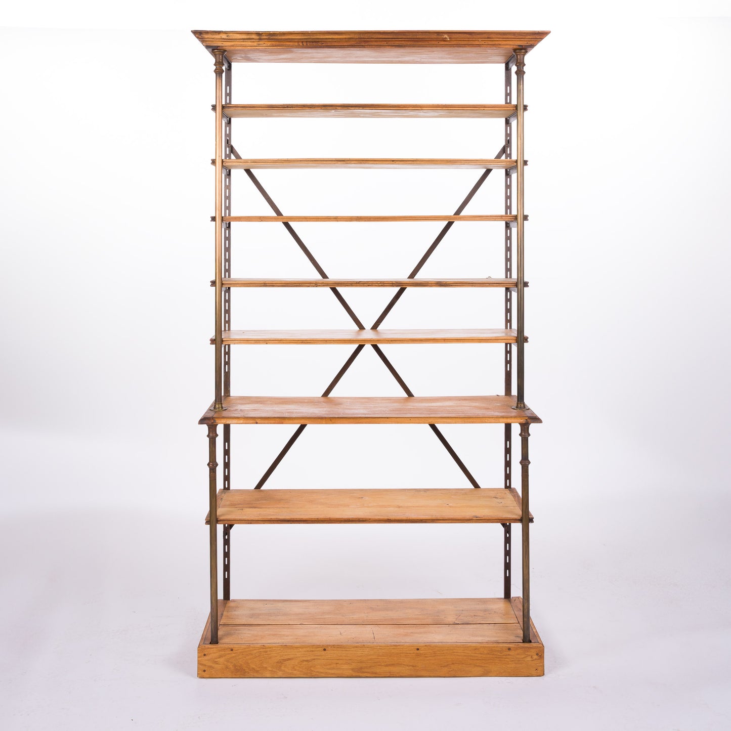 Open Bookcase with Wood Shelves and Brass Supports