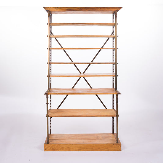 Open Bookcase with Wood Shelves and Brass Supports