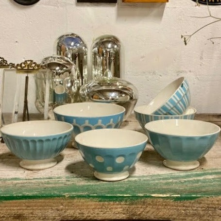 1920 French Earthenware Bowls with Blue Patterns