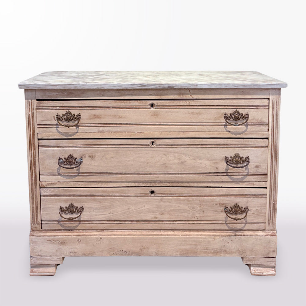 Bleached Three-Drawer Marble Top Commode