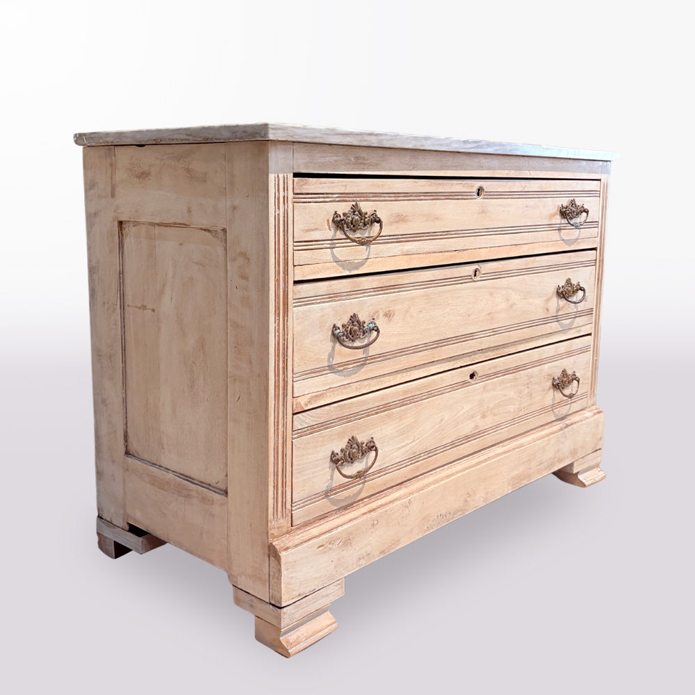 Bleached Three-Drawer Marble Top Commode