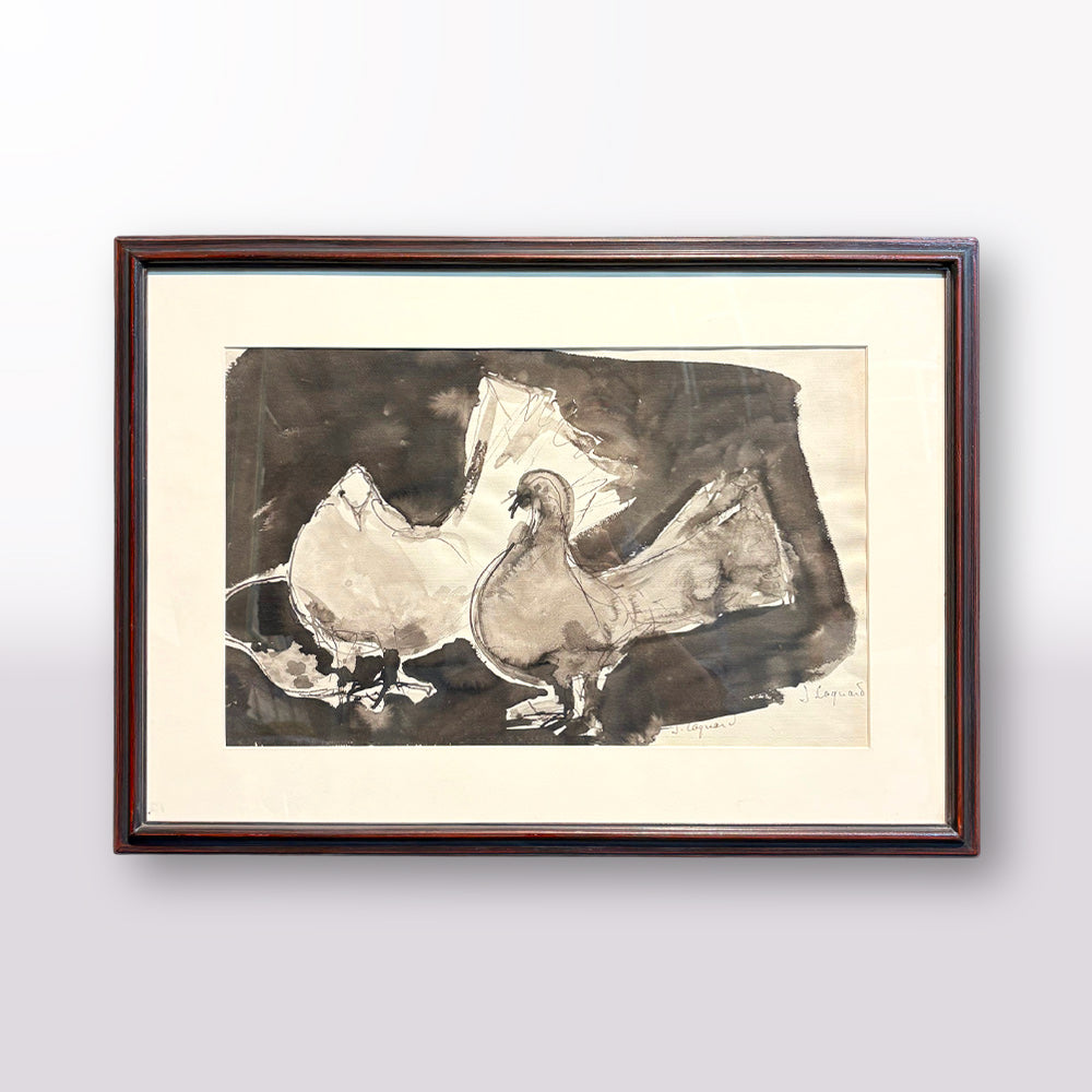 French 1970 Framed Black & White Ink and Watercolor Chickens