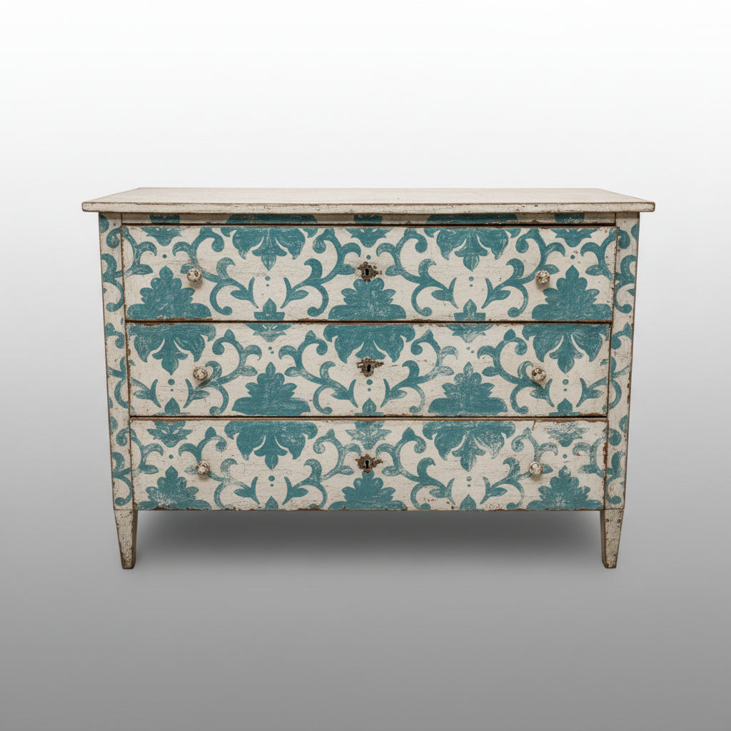 Painted French Floral Blue Commode