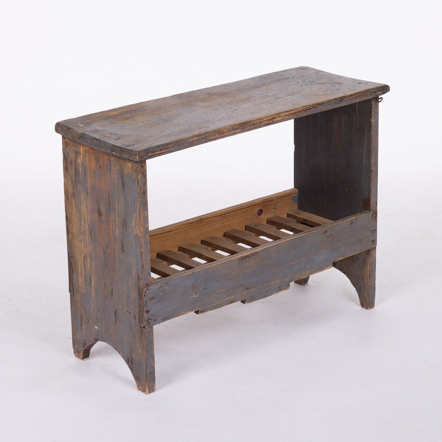 French Grey Painted Bench/Side Table with Slatted Shelf