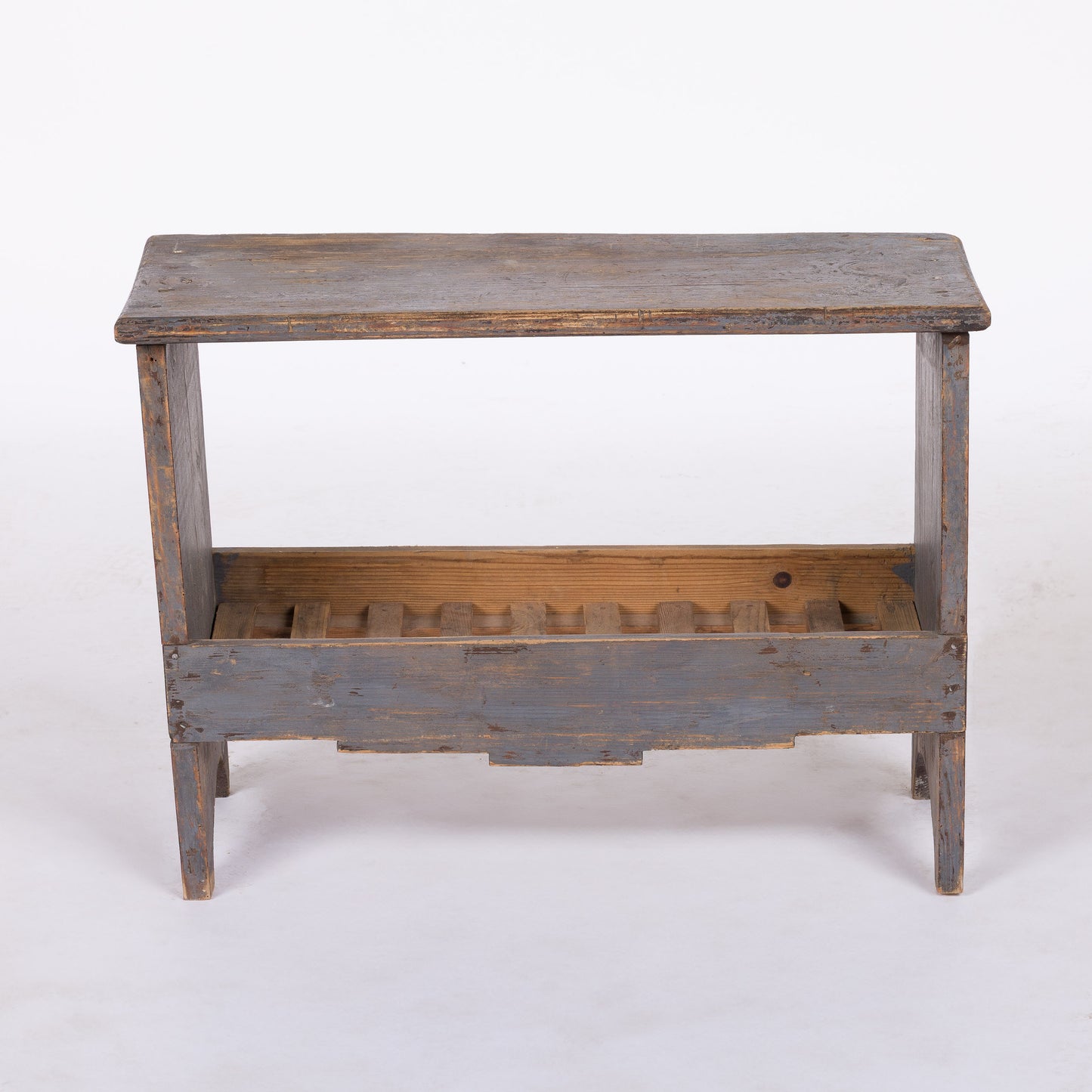 French Grey Painted Bench/Side Table with Slatted Shelf