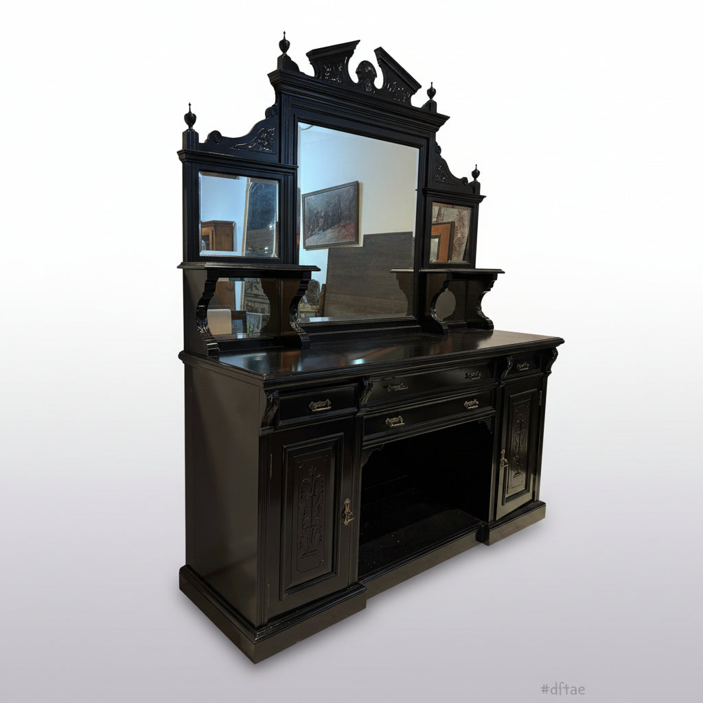 English Edwardian Ebonized Sideboard with Mirrored Back