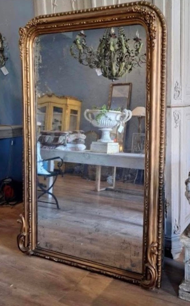 Mid 1800s French Chateau L Philippe Gilt Mirror w/ Mercury Glass