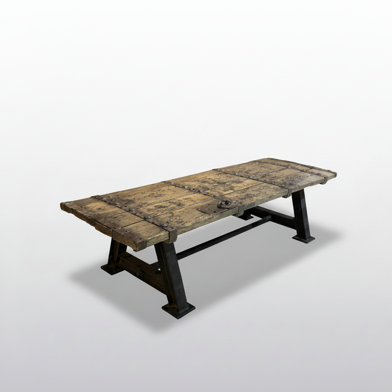 Antique Indian Door Coffee Table with Steel Trestle Base