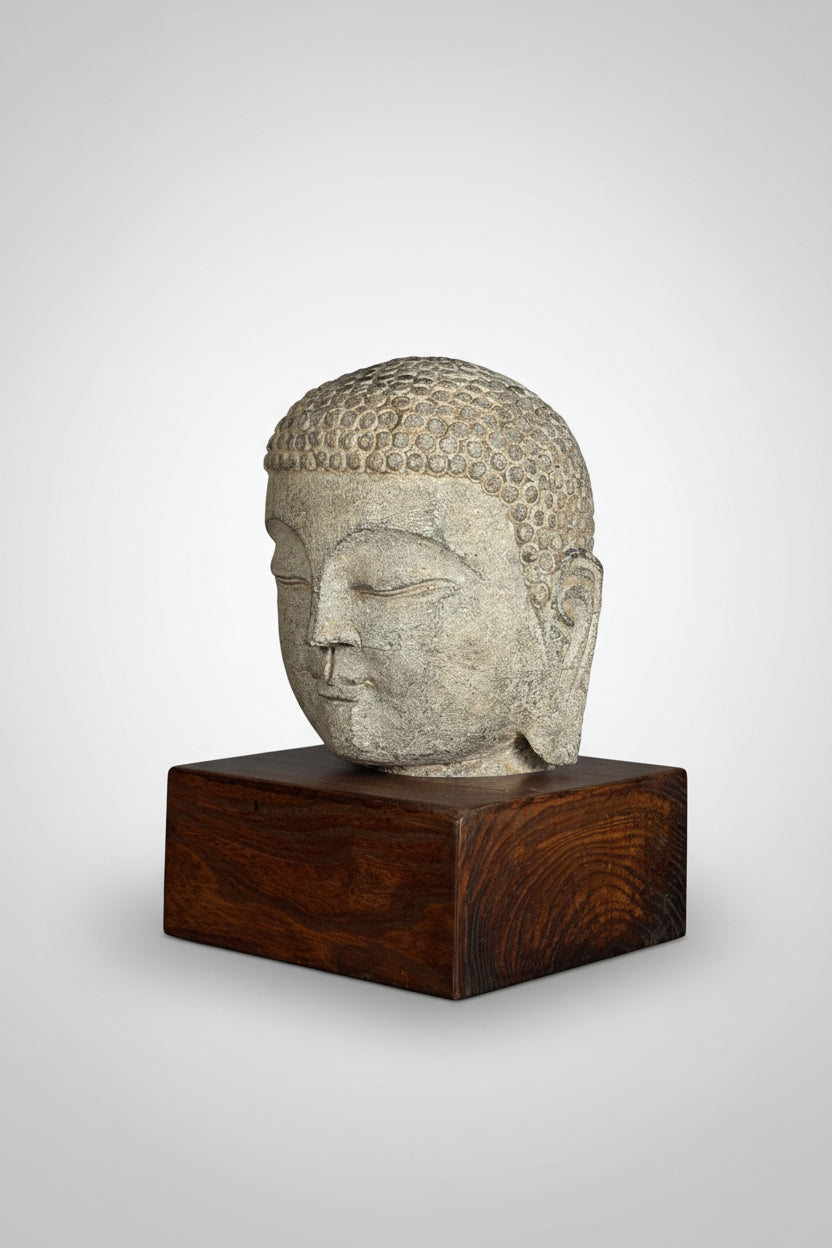 Carved Stone Buddha Head on Stand