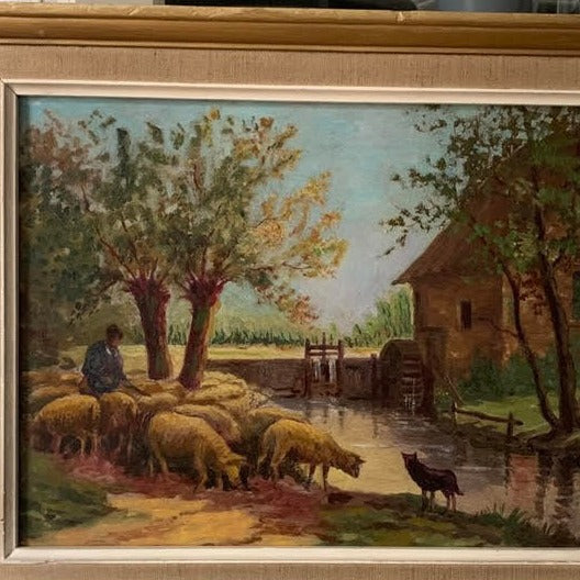 Framed Oil on Board - Sheep Gathered around a Tree