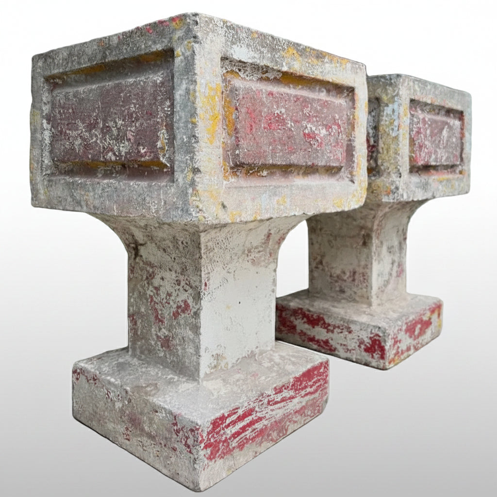 Pair of Cement Planters with Red Paint, Square on Pedestal