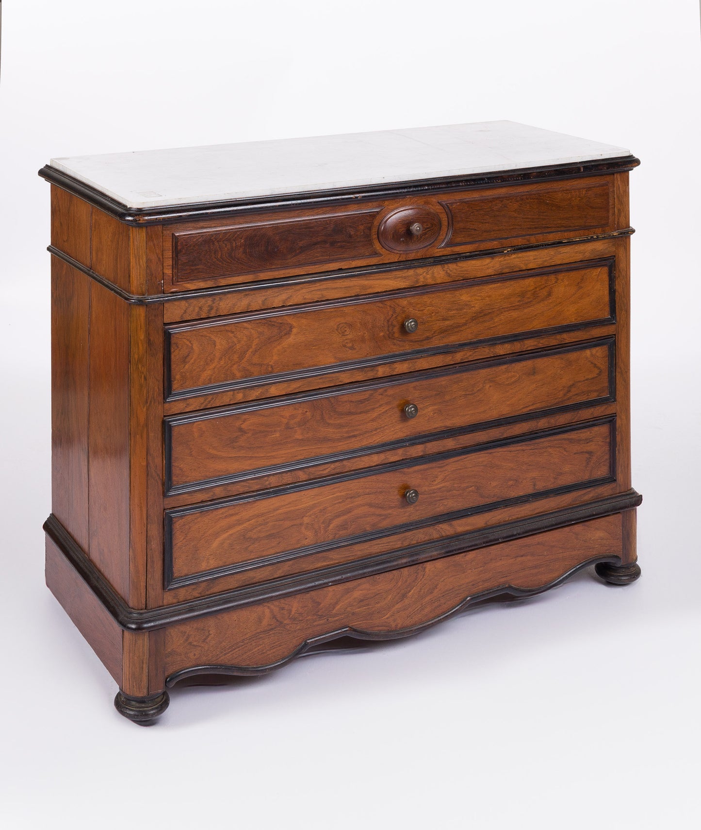 Burled Walnut Louis Philippe Commode with Button Knobs and Marble Top