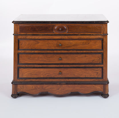 Burled Walnut Louis Philippe Commode with Button Knobs and Marble Top