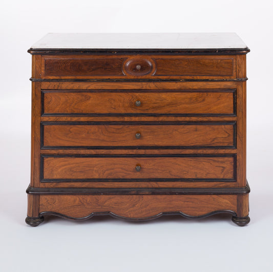 Burled Walnut Louis Philippe Commode with Button Knobs and Marble Top