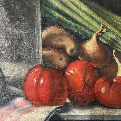 Large Unframed Oil on Canvas of Vegetables and Silver Serveware by Louis Wilmet