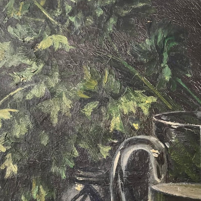 Large Unframed Oil on Canvas of Vegetables and Silver Serveware by Louis Wilmet