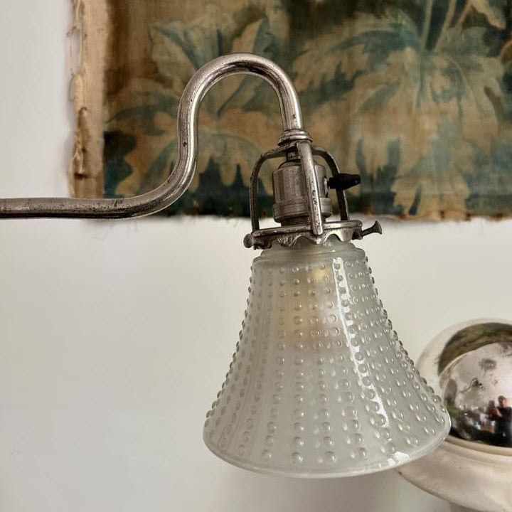 1920 Polished Nickel Adjustable Table Lamp with Patterned Glass