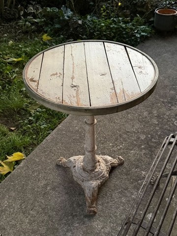 1920 French White Cast Iron and Wood Bistro/Gueridon Table w/ Brass Rim