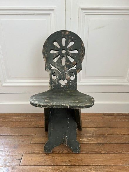 French 1920’s Chair w/ Stencil Cutouts and Original Green Patina