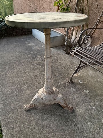 1920 French White Cast Iron and Wood Bistro/Gueridon Table w/ Brass Rim