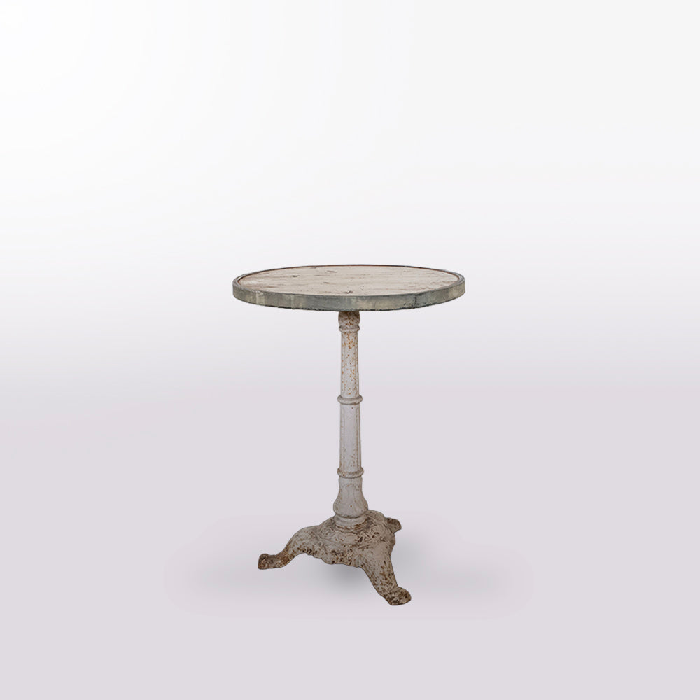 1920 French White Cast Iron and Wood Bistro/Gueridon Table w/ Brass Rim