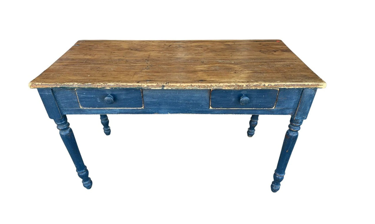 Antique French Country Blue-Painted Two-Drawer Work Table
