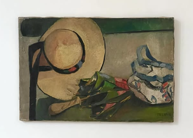 1930s French Oil on Canvas Hat and Umbrella, TH Lanz