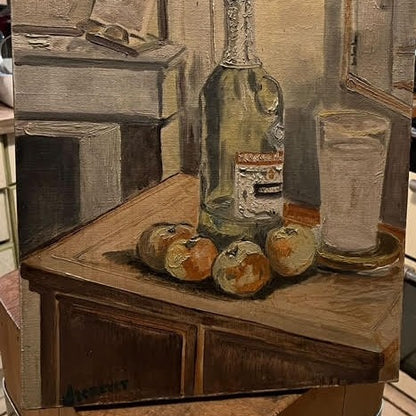 Unframed Oil on Canvas, Apples and Wine