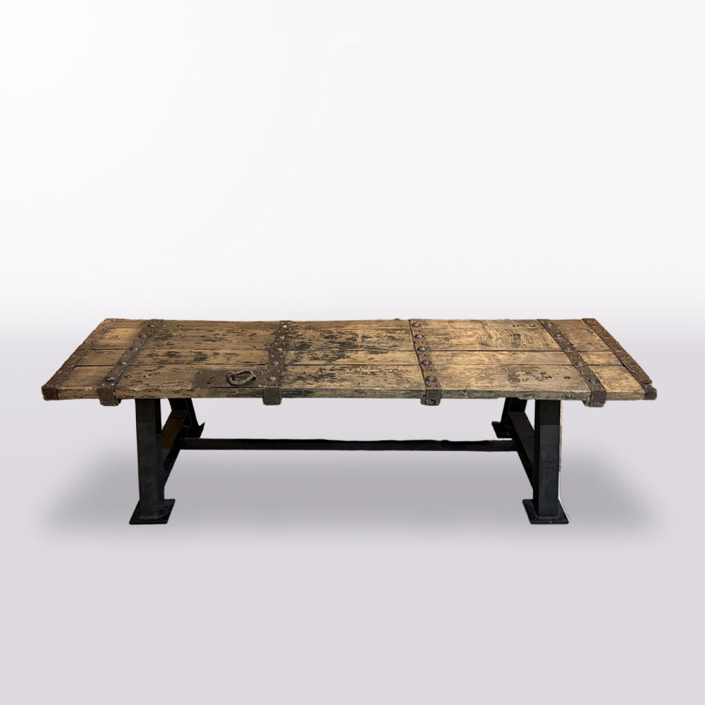 Antique Indian Door Coffee Table with Steel Trestle Base