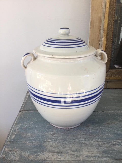 Rare White & Blue Striped Confit Pot w/ Lid