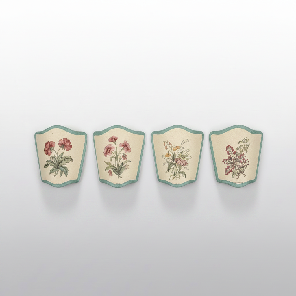 Four decorative shield-shaped wall plaques with vintage botanical illustrations, arranged in a row against a light gray gradient background.