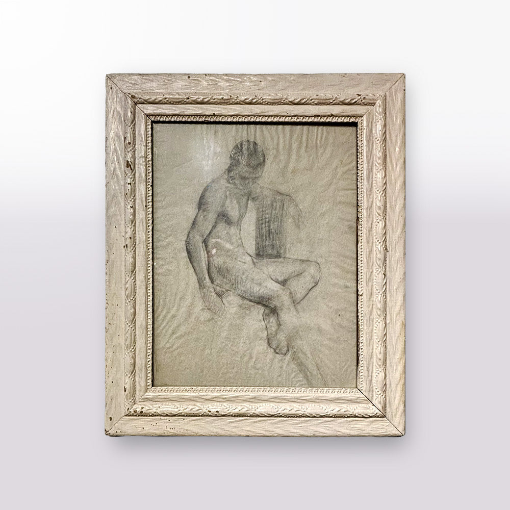 Framed pencil on paper of a nude male.