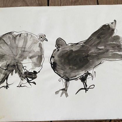 Series of 6 Framed Black & White Ink and Watercolor Chickens