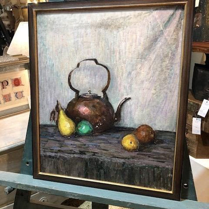 Framed Oil Painting, Tea Pot and Fruit