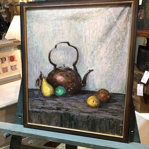 Framed Oil Painting, Tea Pot and Fruit
