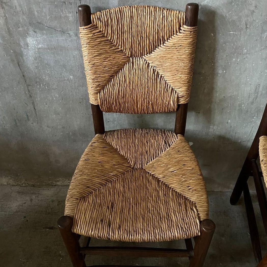 Pair of Original Charlotte Perriand Rush Back and Seat Side Chairs