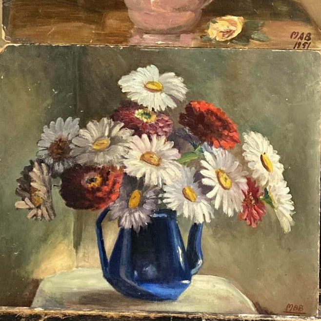 1920 Unframed Oil on Cardboard - Daisies in Blue Pot
