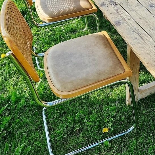 Cane Back Arm Chair with Blush Faux Leather Seat Pad