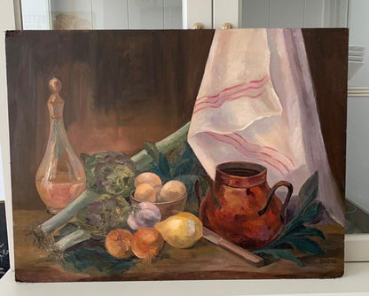 Unframed Oil on Board - Kitchen Still Life with Red Stripe Napkin