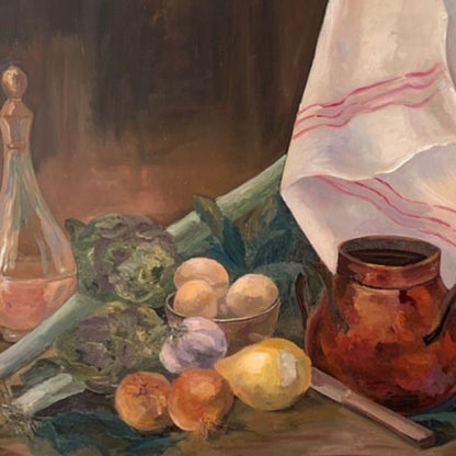 Unframed Oil on Board - Kitchen Still Life with Red Stripe Napkin