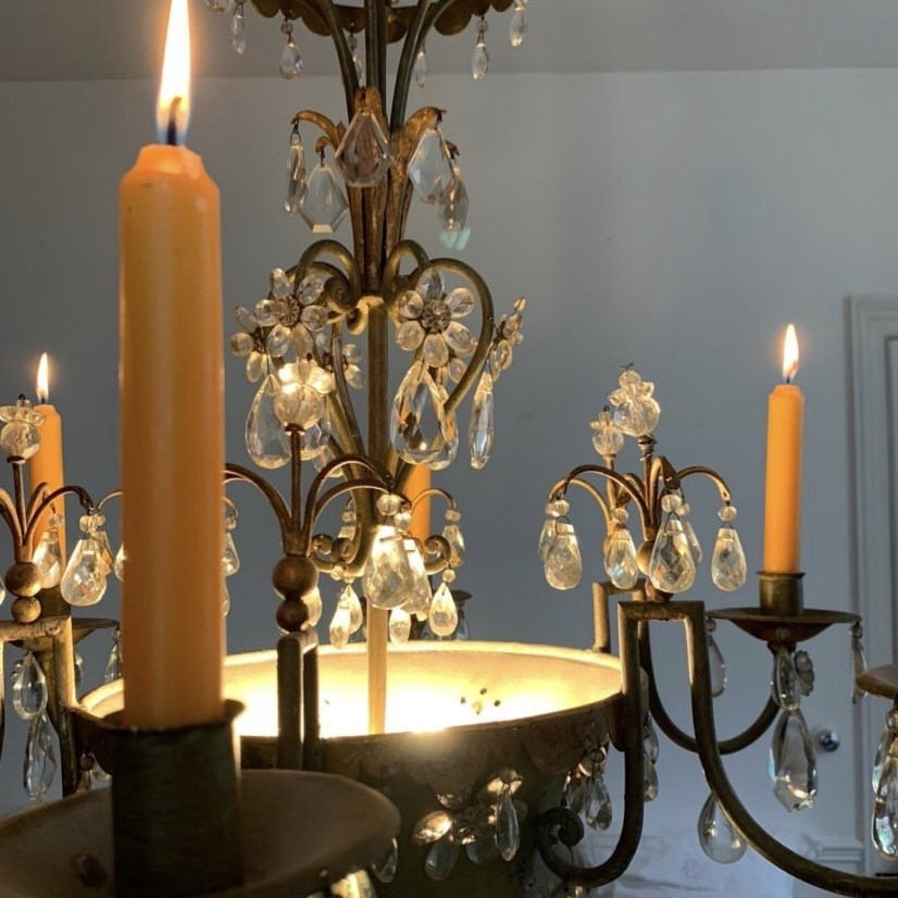Crystal and Tole Paint with Gild Chandelier