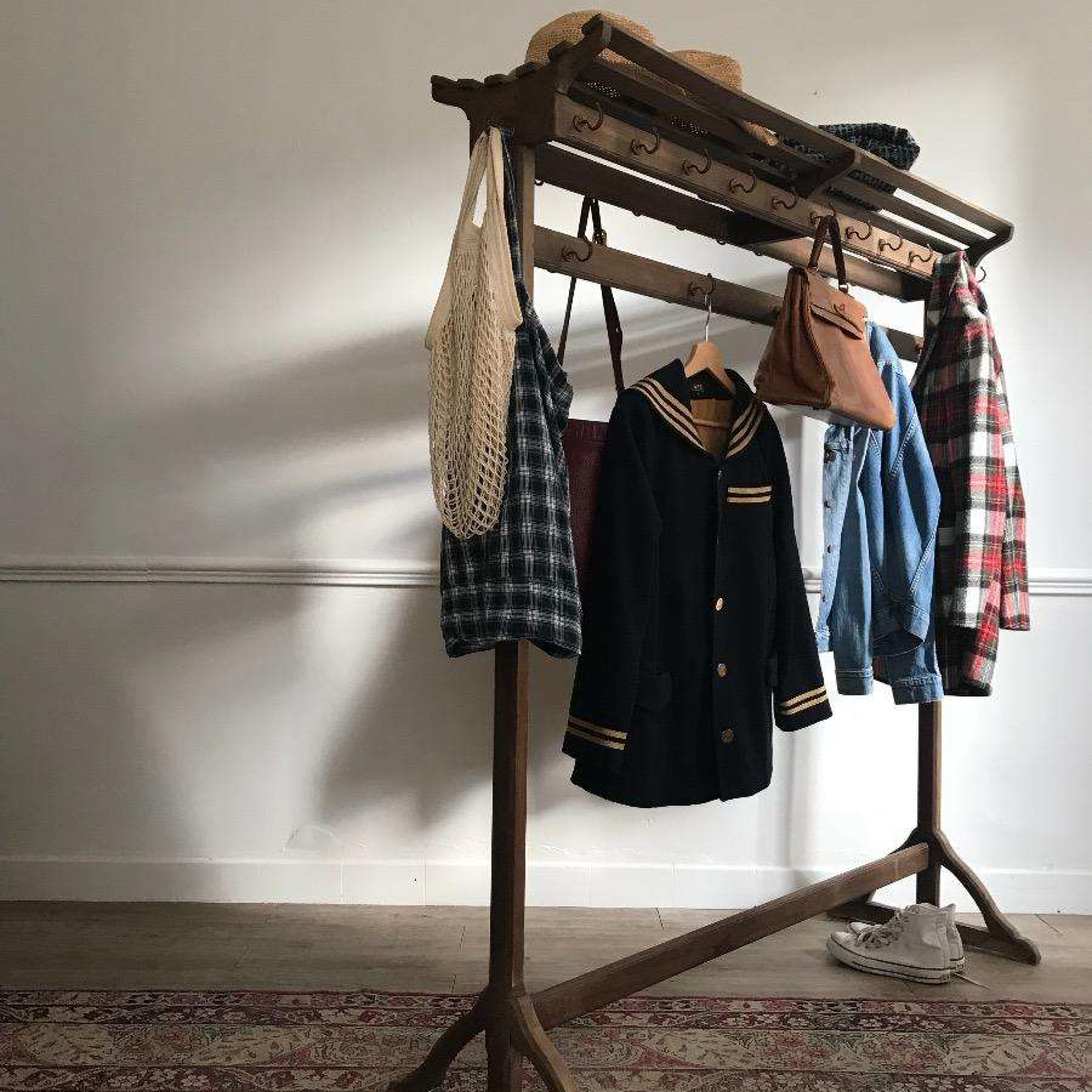 1930s Wood and Iron Double Sided Coat Rack