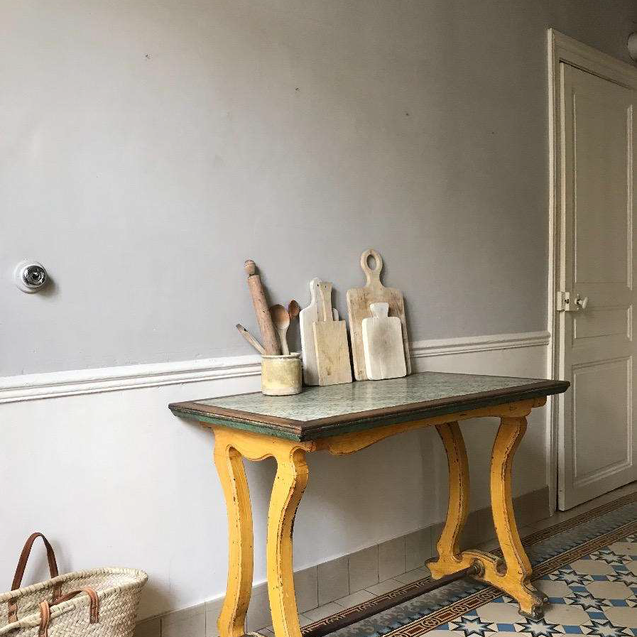 French 1900 Mustard Yellow Oak and Marble Bistro Table