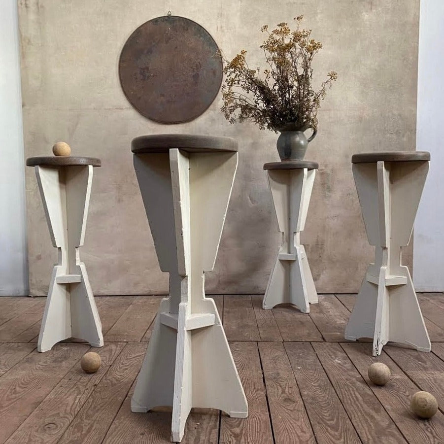 Vintage French Pedestal Table with Cream Painted Base and Natural Top