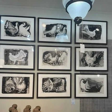 Series of 6 Framed Black & White Ink and Watercolor Chickens