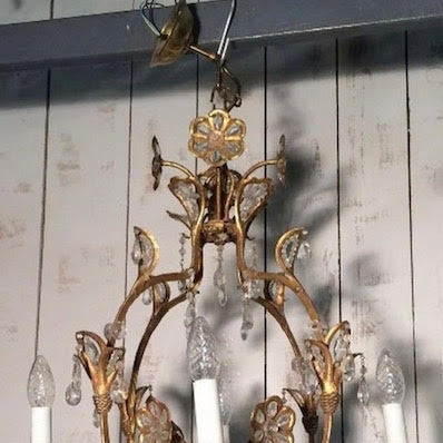 1930s Gold Chandelier with Pale Blue Crystals