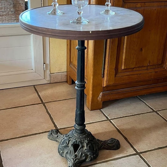 French Art Deco Bistro Table with Brass Rimmed Marble Top