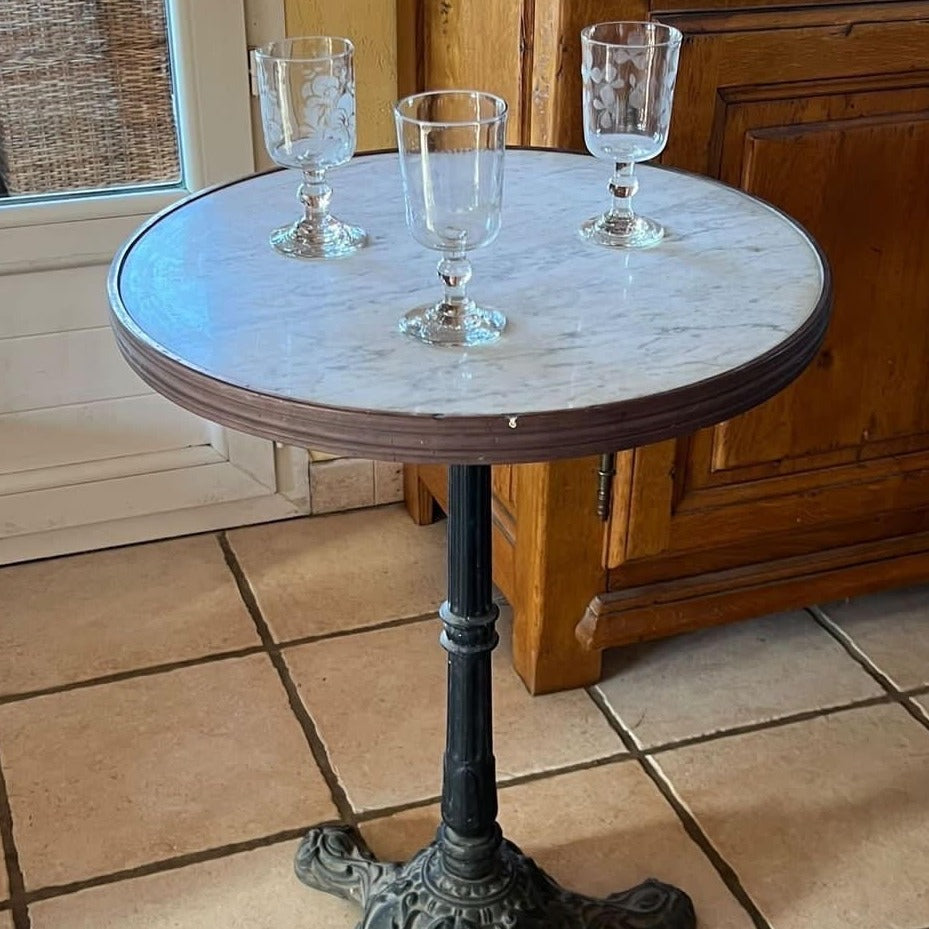 French Art Deco Bistro Table with Brass Rimmed Marble Top