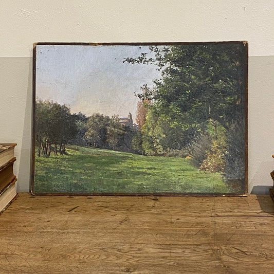 Unframed Oil on Board - Landscape with a Church in Background