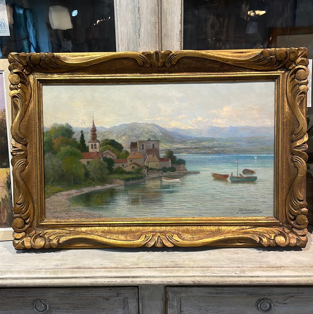 Framed Oil on Canvas French Lake Scene signed by Hevalon (undated)